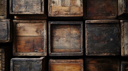 Close-up of weathered wine crates stacked together, creating a rich, textured wood background with an antique feel.
