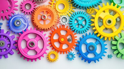 Colorful gears in a variety of sizes, arranged in a mechanical system on a white backdrop, with vibrant rainbow hues.
