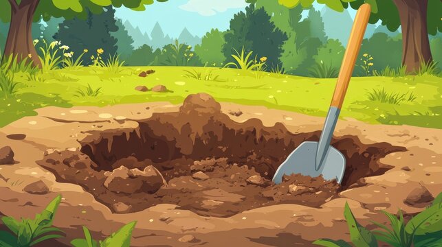 Cartoon illustration of a muddy hole with a shovel next to a pile of mud designed for children s content