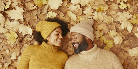 Happy Couple, Adult Latina Woman and African American Man, Enjoying Early Autumn Forest Walk Together, Smiling and Holding Hands in Nature