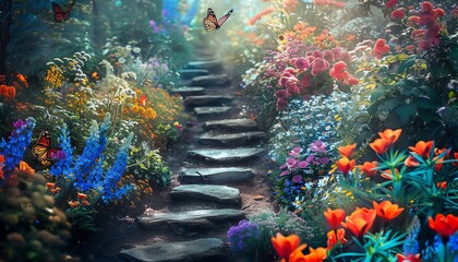 Enchanting garden path surrounded by colorful flowers and butterflies