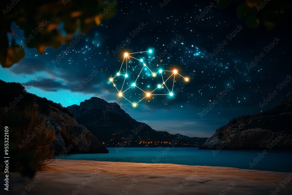 Wall mural zodiac signs as constellations in the night sky, captured in a celestial-themed artwork where each z