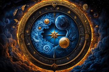 Zodiac signs as guardians of the elements, depicted in an illustration where each zodiac sign is a protector of one of the four elements, balancing fire, earth, air, and water in a cosmic dance