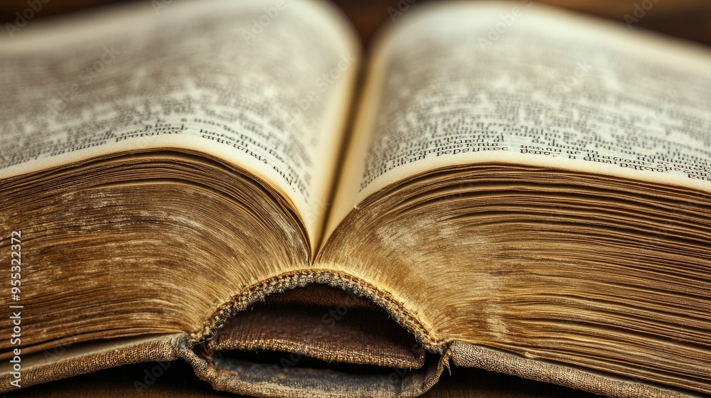 Fototapete detailed close-up of an open book, highlighting the crisp edges of the pages and subtle text pattern