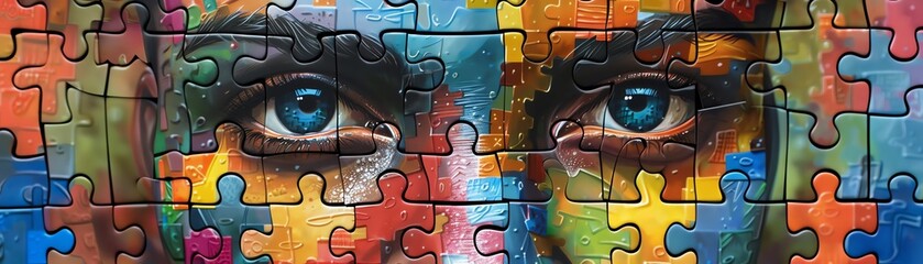 Face made of colorful interlocking puzzle pieces
