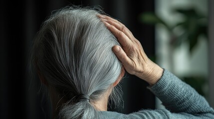 Obraz premium An aging woman touches her head, back view showing gray hair and the physical toll of aging, indicative of memory loss.