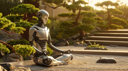 Peaceful AI Robot Meditating in a Zen Garden
