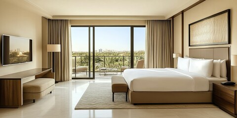 Fototapeta premium luxury beige hotel room with brown modern set of bed and beautiful view balcony 