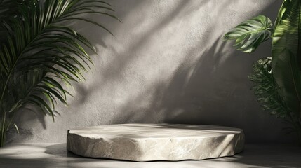 Elegant stone display platform with tropical leaves and shadow play on a gray backdrop, a 3D rendering for product promotion or nature-themed presentations