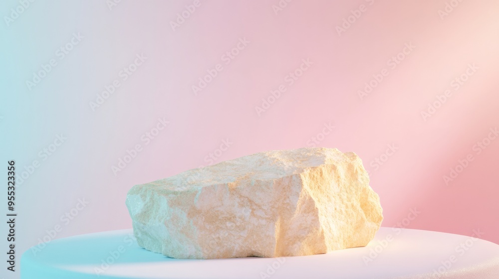 Poster Minimalist Sandstone Podium Mockup on Pastel Gradient Background with Soft Diffused Lighting for Product Display