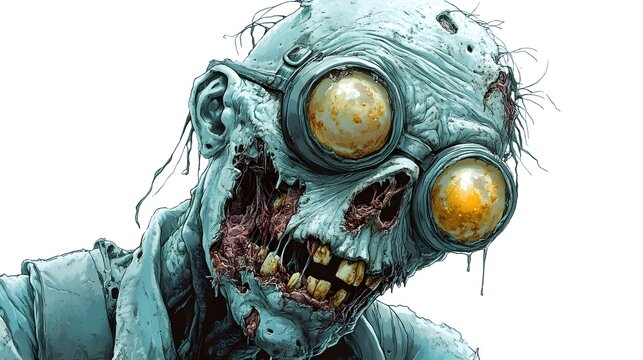 Plague zombie with festering sores, grotesque boils, and a haunting Halloween mask, detailed horror illustration, isolated on white background