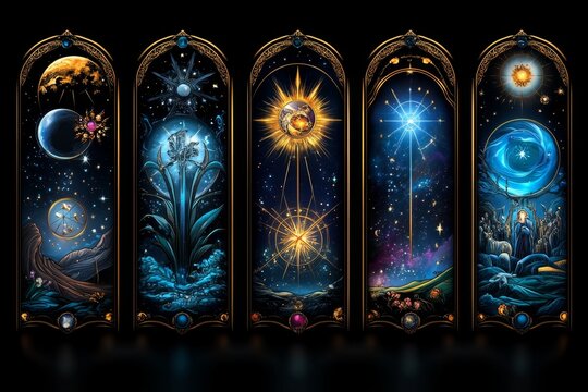 Zodiac signs in a mystical tarot card set, illustrated in a scene where each zodiac sign is represented as a unique tarot card, incorporating astrological symbols, mystical elements, and tarot