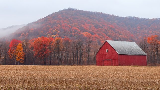 A picturesque red barn stands in a vast field, surrounded by colorful autumn foliage with misty hills in the background, capturing the serene beauty of fall