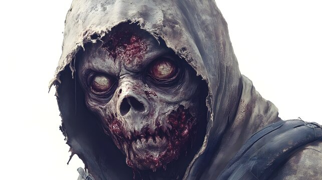 Plague zombie with festering sores, grotesque boils, and a haunting Halloween mask, detailed horror illustration, isolated on white background