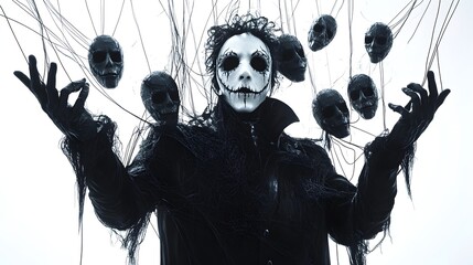 Puppet master with a ghostly presence, surrounded by marionettes in Halloween masks, 3D rendering, dark fantasy, isolated on white background