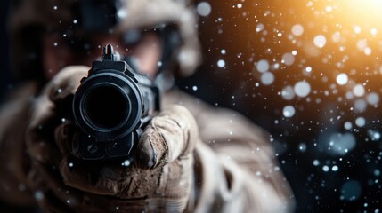 A soldier wearing tactical gear and gloves aims a rifle during a snowstorm, capturing the intensity and focus required in military operations in harsh conditions.