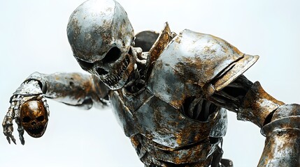 Obraz premium Rusted armor skeletal knight, eerie Halloween mask in hand, dramatic pose, high-resolution rendering, isolated on white background