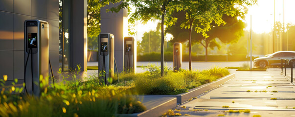 Three electric vehicle charging stations located in a modern urban environment