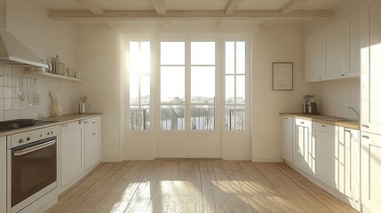 A beautifully bright and modern white kitchen with wooden floors, bathed in warm sunlight from large windows providing a scenic city view