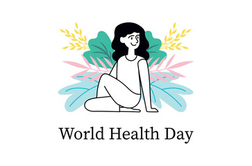 World Health Day linear concept with people scene in the flat cartoon style. A happy woman sits among bright flowers and plants, which creates an atmosphere of healing and nature. Vector illustration.