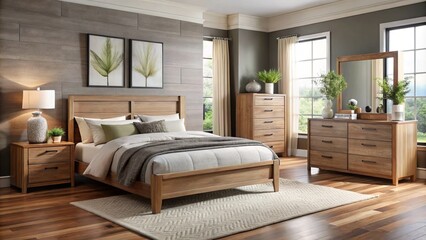 This modern bed ensemble features soft, neutral shades and carefully crafted wood accents, blending harmoniously to