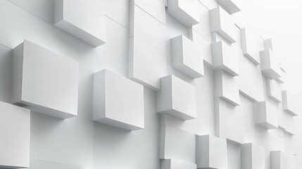 3D abstract geometric cubes on a white background. Abstract artwork of 3D rendering artwork of cube or geometric shapes popping out from wall. Digital artwork for architectural design. AIG51.