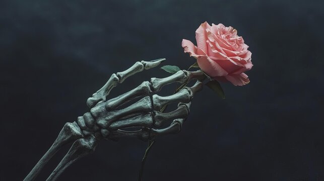 Pastel Goth skeleton hand holding a soft pink rose, set against a dark background, Halloween elegant darkness