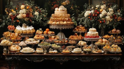 A lavish banquet table filled with a variety of elegant desserts and fruits, beautifully arranged in a luxurious setting with floral decorations