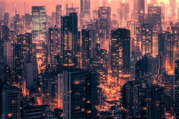 Nighttime cityscape with tall buildings and lights reflecting off windows