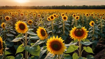 Obraz premium A field of sunflowers in bloom at sunset, with a forest background. Concept of nature