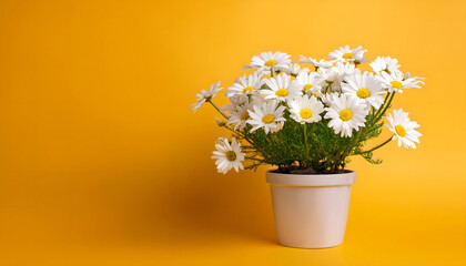 A white flower pot with a bunch of white flowers in it sits on a yellow table