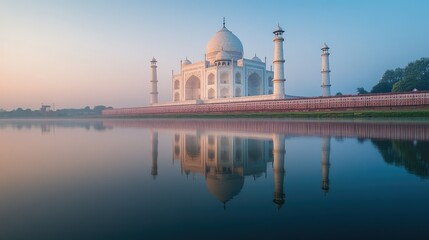 Obraz premium Majestic view of the Taj Mahal bathed in soft sunrise light, with the Yamuna River reflecting the monument's grandeur, Agra, India