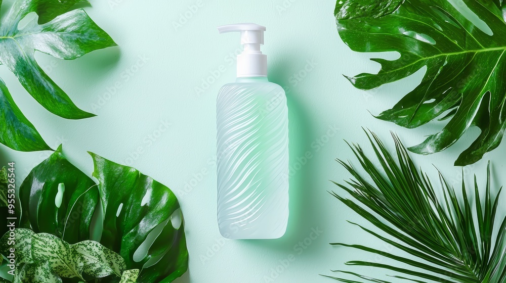 Wall mural A face wash bottle mockup made from frosted glass with a subtle wave pattern, surrounded by fresh, green plants.