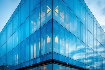 Fototapeta premium Large building with a blue facade and a corner window