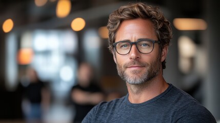 An individual with glasses and casual attire is captured in a modern, warmly lit indoor setting, showcasing a mix of confidence and casual style