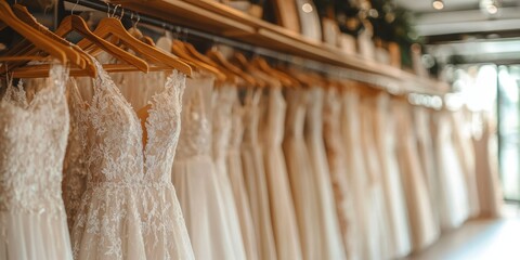 A beautiful array of elegant, white lace wedding dresses hanging in a bridal boutique, showcasing the intricate details and craftsmanship of each gown