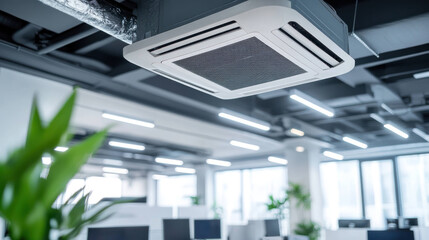 Fototapeta premium Modern air conditioning unit in bright office space with plants and workstations 