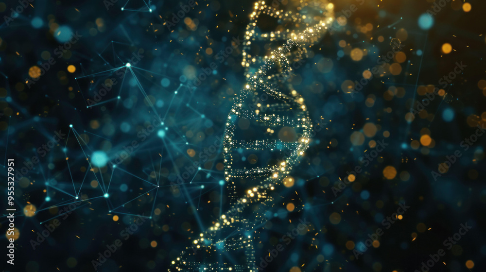 Aufkleber A mesmerizing digital representation of DNA helix, illuminated by glowing particles and interconnected lines, evokes sense of scientific wonder. 
