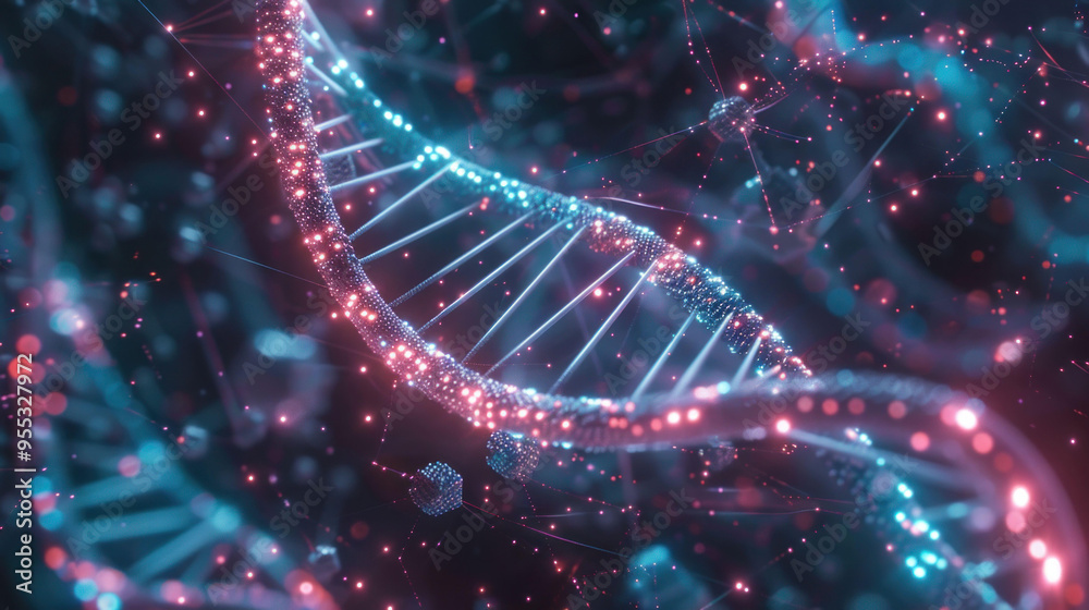 Poster digital representation of dna strands with glowing particles, showcasing beauty of genetic structure