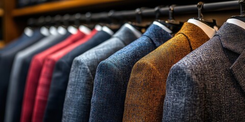 Obraz premium A vibrant and colorful collection of neatly arranged men's blazers hanging on a rack, showcasing various textures, patterns, and fabrics in a clothing store