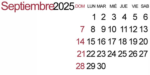 A September 2025 calendar in Spanish language. Horizontal calendar with copy space.