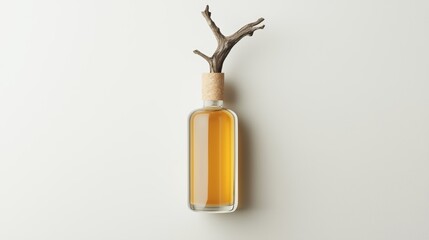 A hair oil bottle mockup with a cap designed to look like a small piece of driftwood, emphasizing its natural origins.