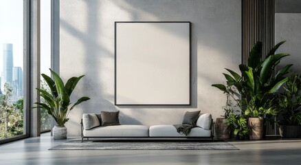 Modern interior with a blank canvas above a sleek sofa in a bright space filled with greenery