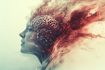 Emotional processing Brain derived neurotrophic factor Woman’s profile with her brain dissolving into particles symbolizing the disintegration of thoughts and the fragility of mental health