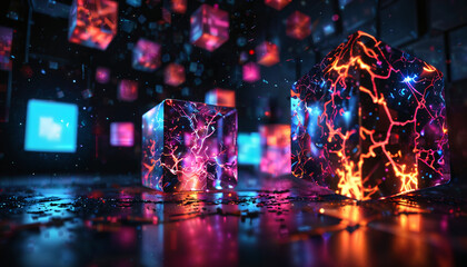 Cubes n&eacute;on dans un espace futuriste