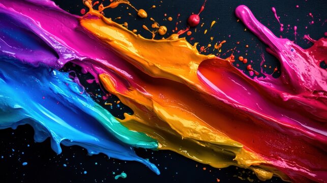 A colorful splash of paint on a black background. The colors are vibrant and the splatter looks like a rainbow. Scene is lively and energetic, as if the paint is bursting out of the canvas