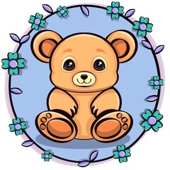 Little and sweet bear on a light blue background with a round frame decorated with flowers and leaves