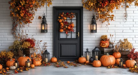 Charming autumn entrance adorned with pumpkins and garlands near a white brick wall