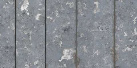 Seamless galvanized sheet metal panel background texture. Tileable industrial splotchy spotted iron alloy or steel plate repeat pattern. 8K high resolution silver grey rough metallic 3D rendering.