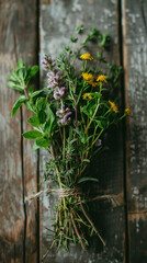 Freshly Picked Herbs Bundled with Twine on Rustic Wooden Surface